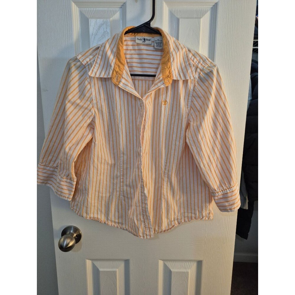 Duck Head orange and white striped three-quarter sleeve button-down shirt.